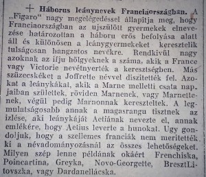 Háborús leánynevek Franciaországban. Pesti Napló, 1915. szeptember 11.