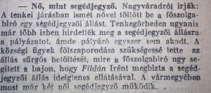 Nő, mint segédjegyző. Pesti Napló, 1915. szeptember 21.